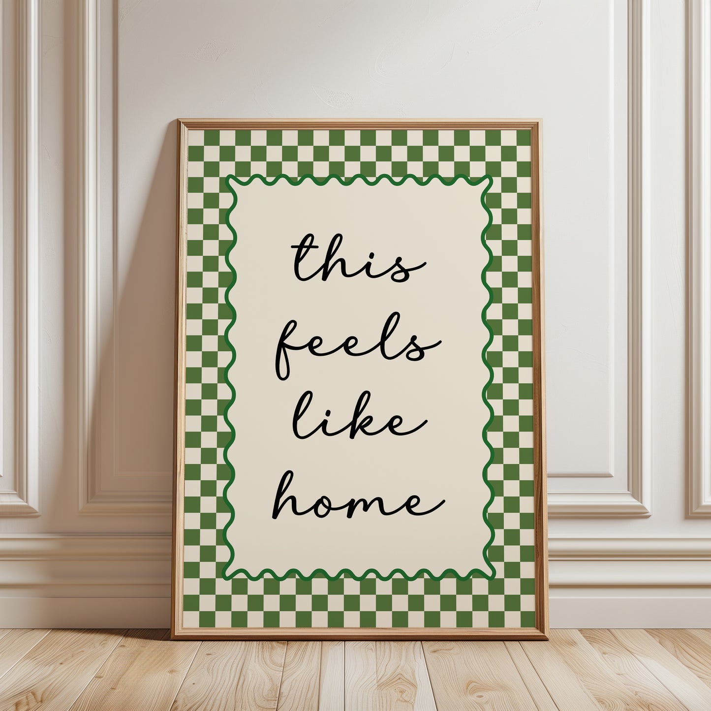 Trendy hallway gallery wall art print with quote "this feels like home" in olive green with a chequered border