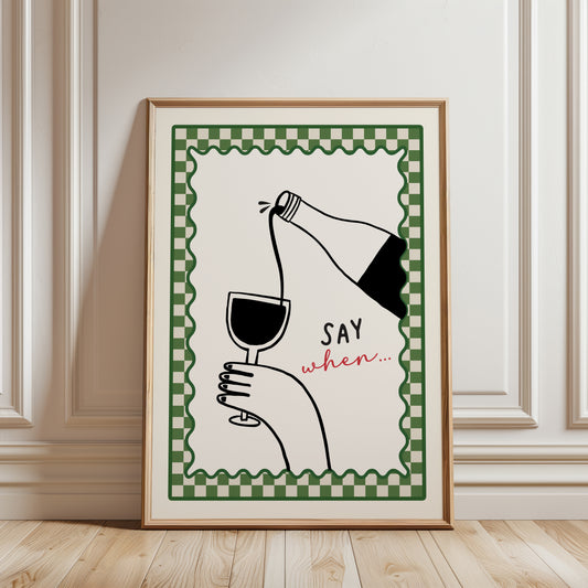 Funny Wine Kitchen Art Print, Olive Green