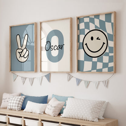 Personalised boys room prints with name and initial, and victory sign print and smiley face on chequered background print, set of 3 in duck egg blue colour
