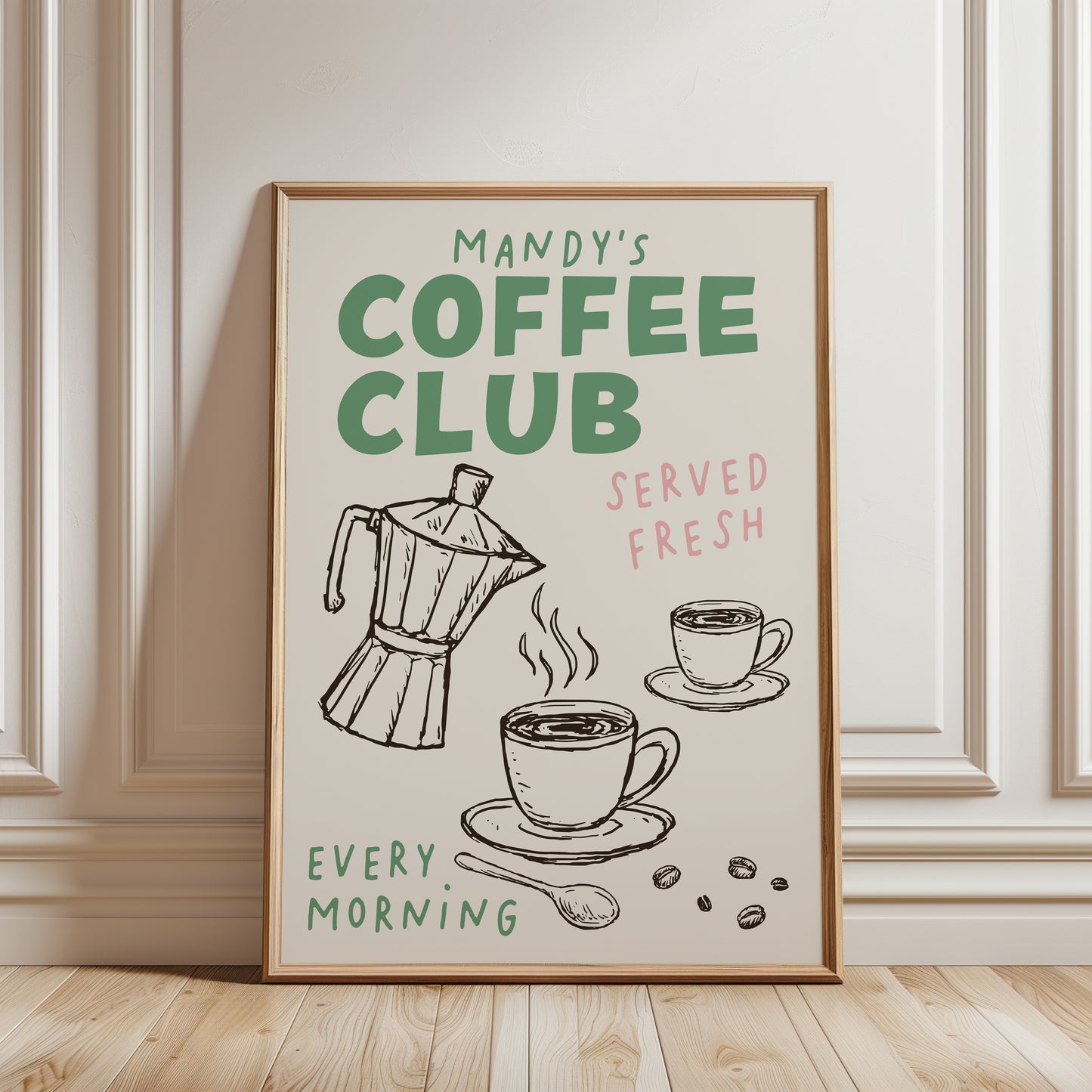 Personalised Coffee Club Kitchen Print, Sage Green