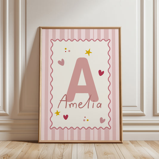 Girls room print, personalised with name and initial with a pink stripes on a pale cream background with a wav outline, featuring love hearts and stars