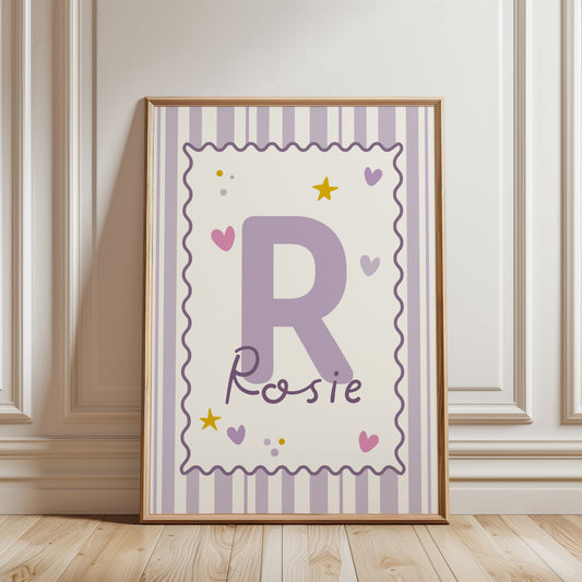 girls print personalised with name and initial in lilac colour