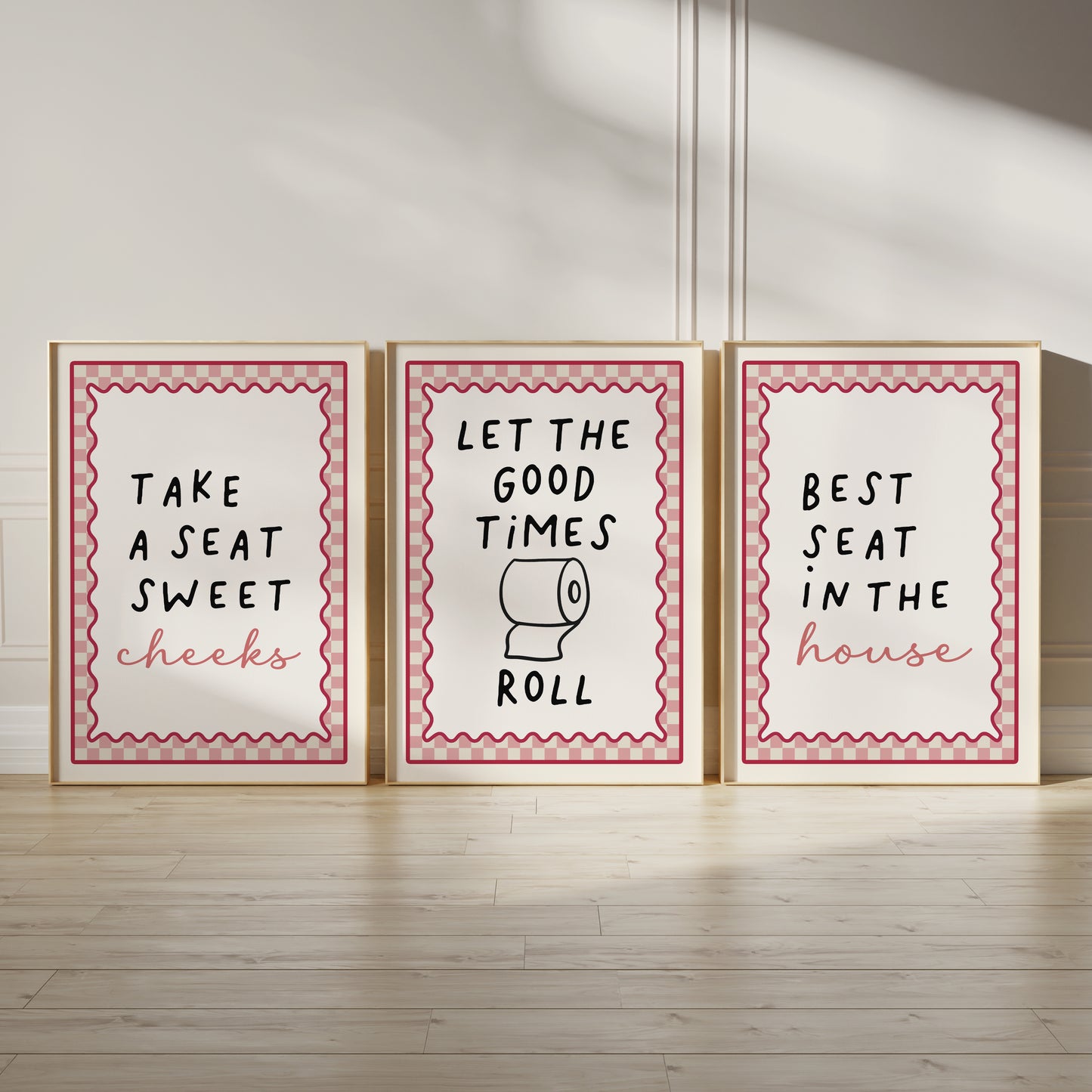 Modern bathroom wall art set, pink prints with toilet quotes