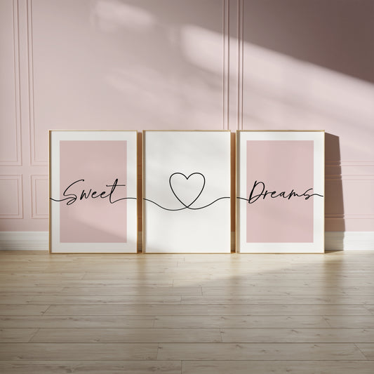pink bedroom wall art print set with bedtime quote SWEET DREAMS
