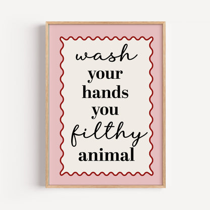Bathroom Quote Print, Wash your Hands, Pink with Red