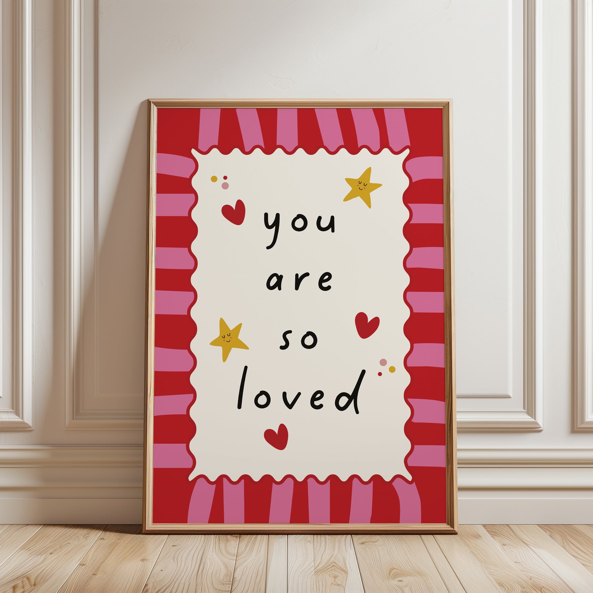 You are so loved, nursery quote print, with trendy striped background in pink and red