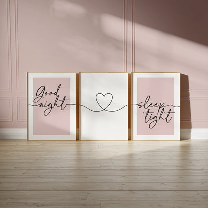 Set of 3 Bedroom Prints, Good Night Sleep Tight, Pink