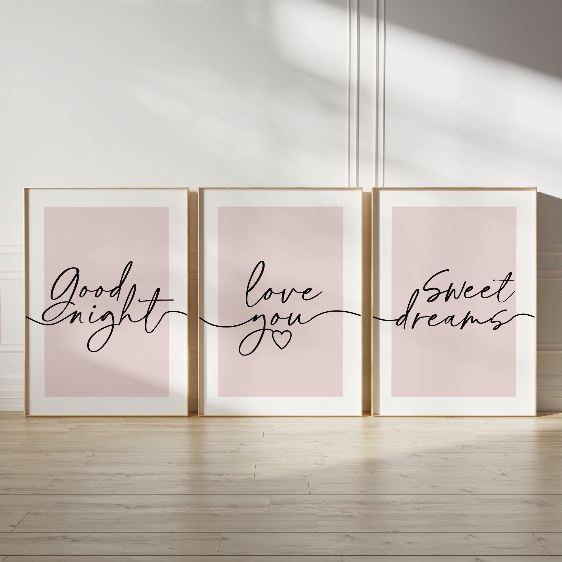 pink bedroom wall art with quotes, good night, love you, sweet dreams