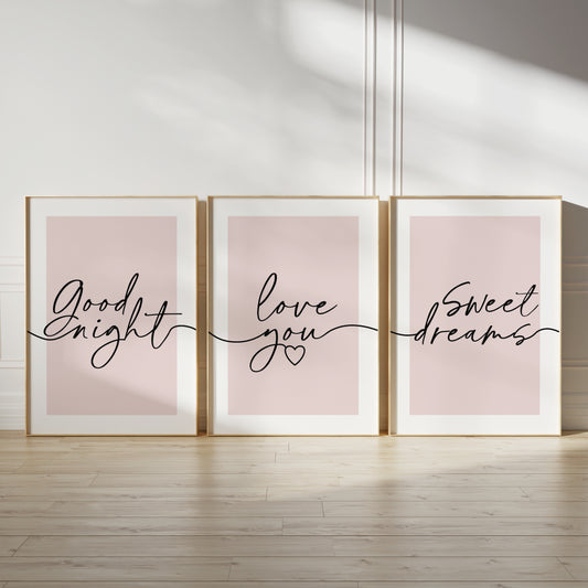 pink bedroom wall art with quotes, good night, love you, sweet dreams