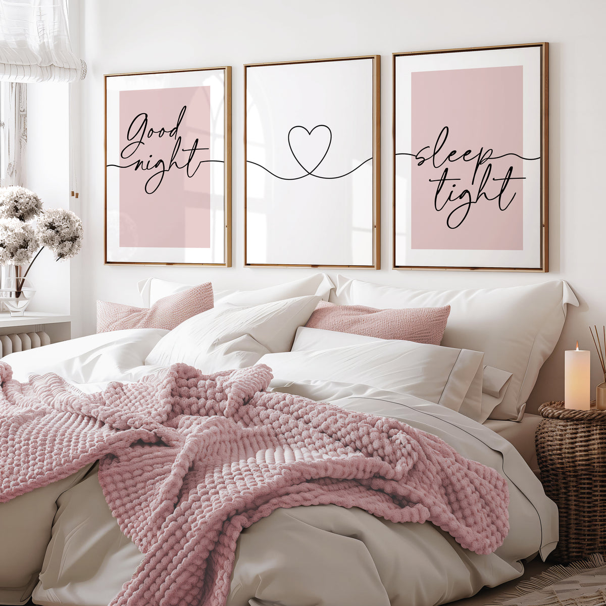Bedroom wall art prints with quotes GOOD NIGHT and SLEEP TIGHT, set of three unframed prints in pink