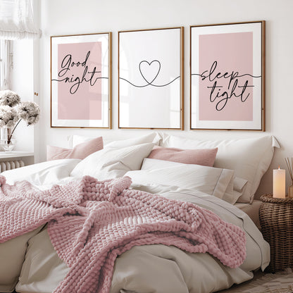 Bedroom wall art prints with quotes GOOD NIGHT and SLEEP TIGHT, set of three unframed prints in pink