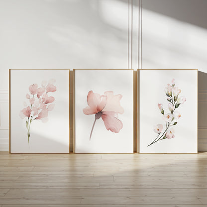 Pink floral wall art set in watercolours