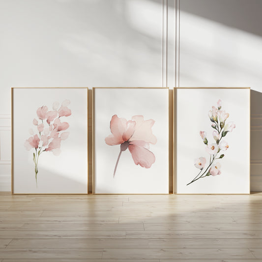 Pink floral wall art set in watercolours