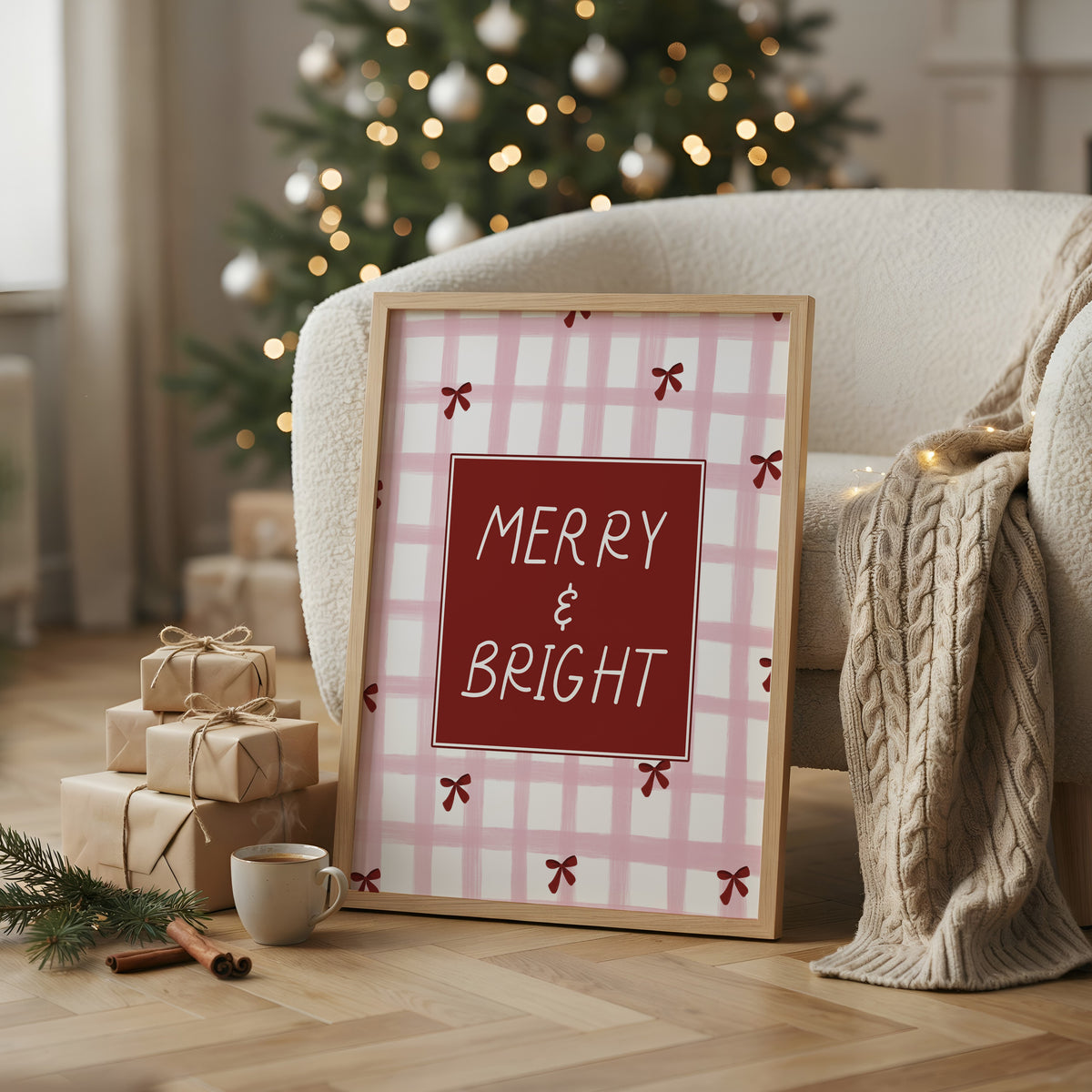 Pink & Red Christmas Print, Merry & Bright