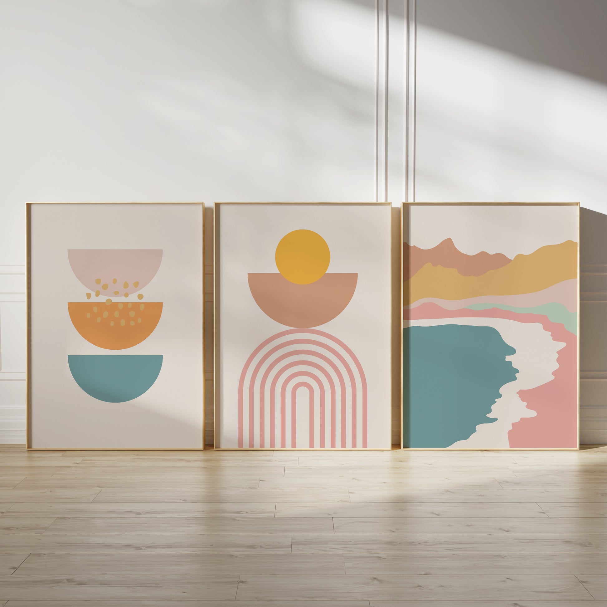 Boho wall art prints in pink, teal and orange, summer wall art