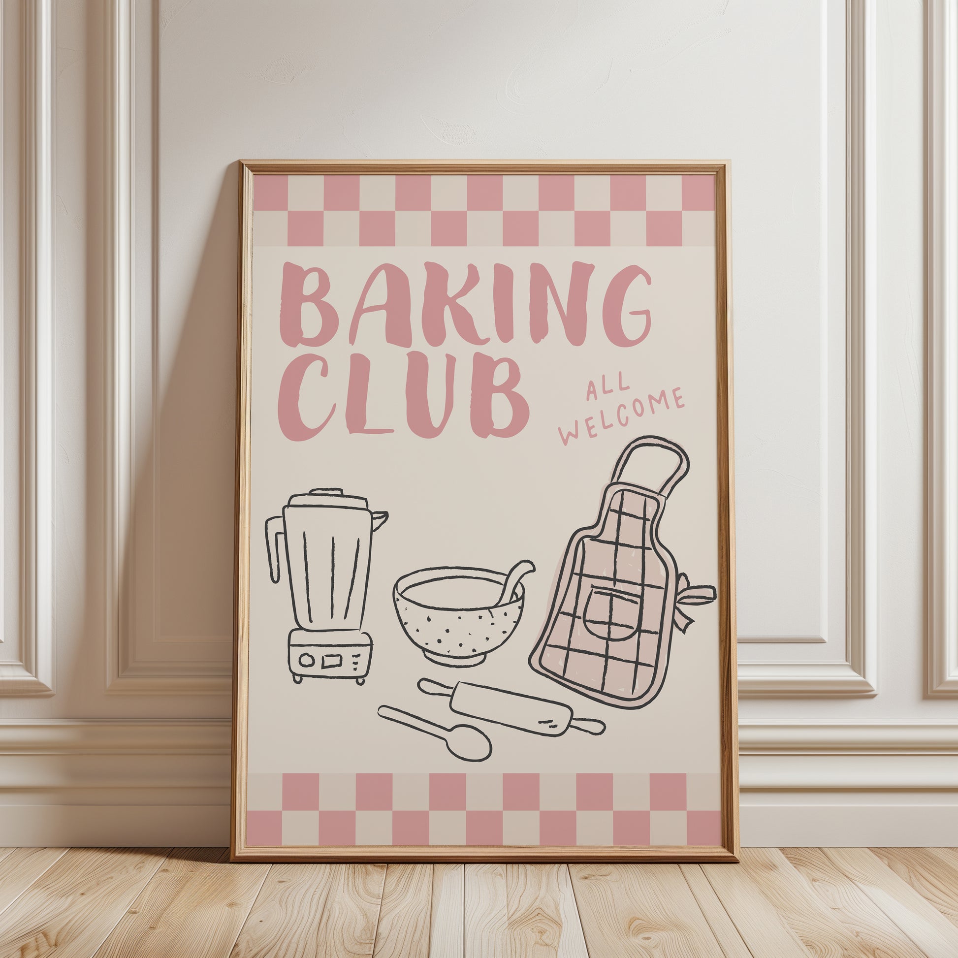 Baking club kitchen print in pink and beige