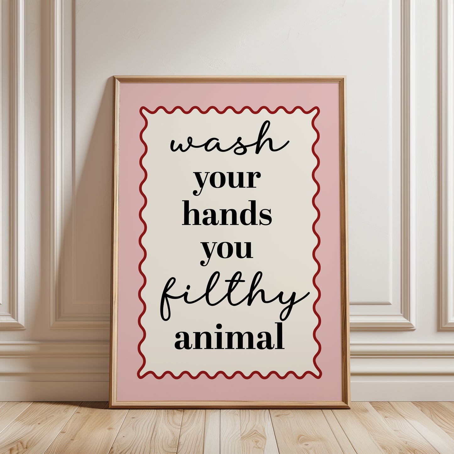 Bathroom Quote Print, Wash your Hands, Pink with Red