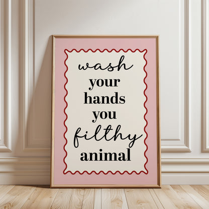 Bathroom Quote Print, Wash your Hands, Pink with Red