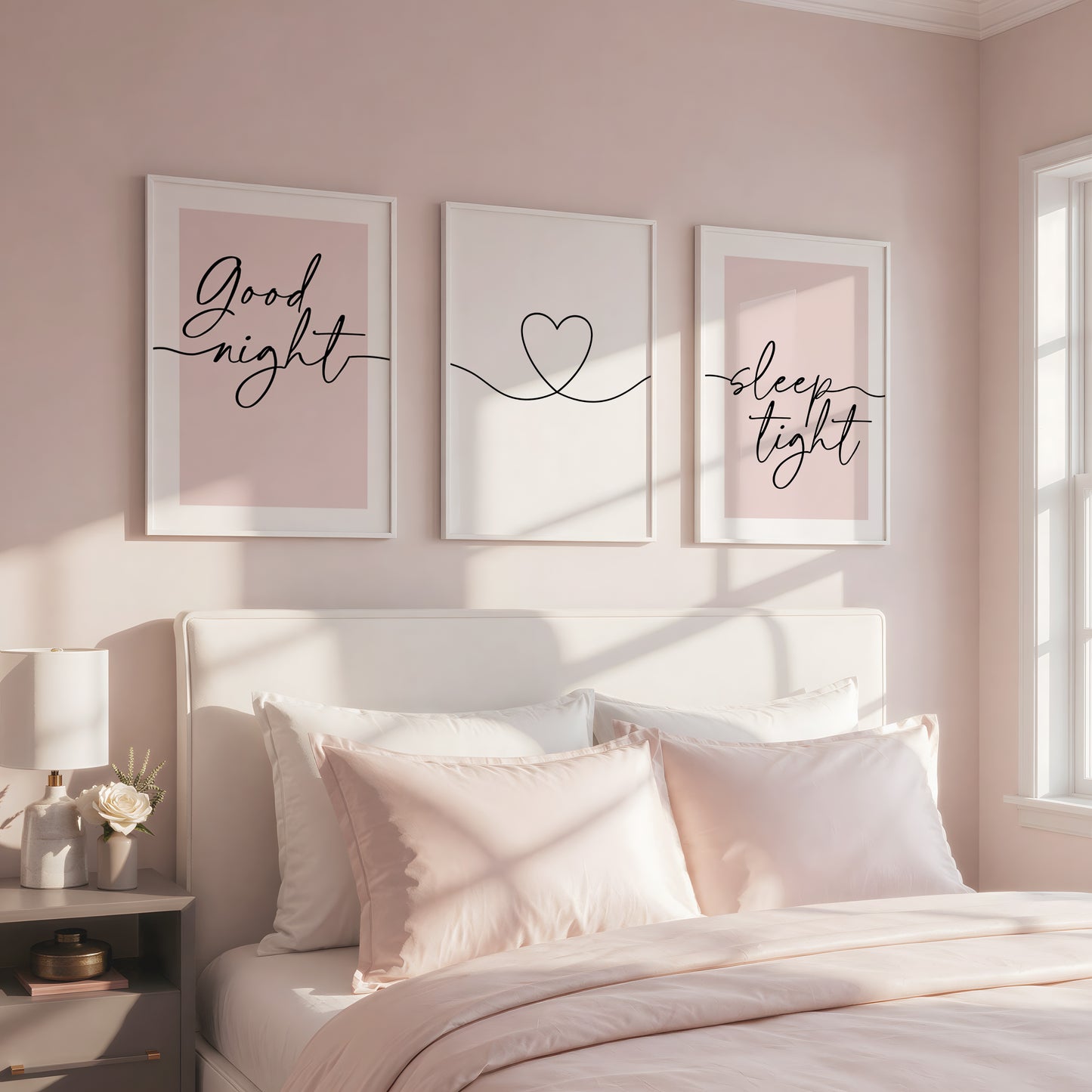 pink bedroom print set, good night sleep tight