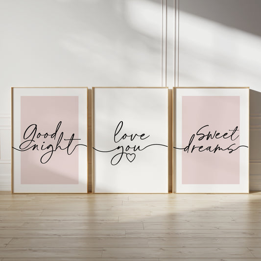 pink bedroom wall art with quotes, good night, love you, sweet dreams