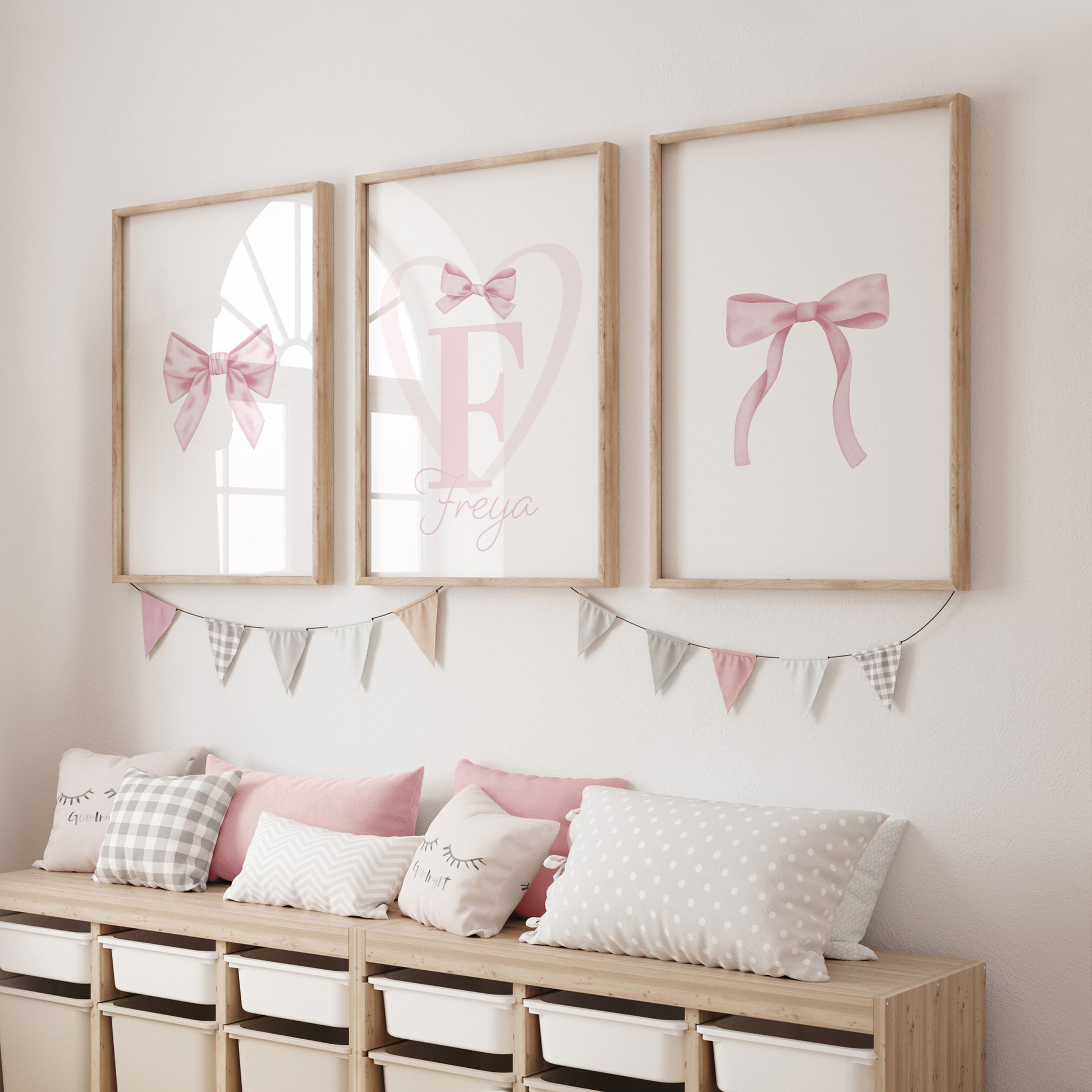 pink bow prints for girls room personalised with name and initial