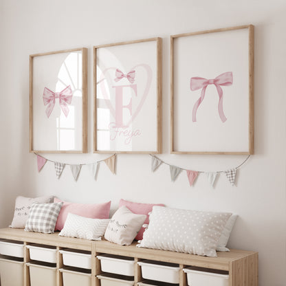 pink bow prints for girls room personalised with name and initial