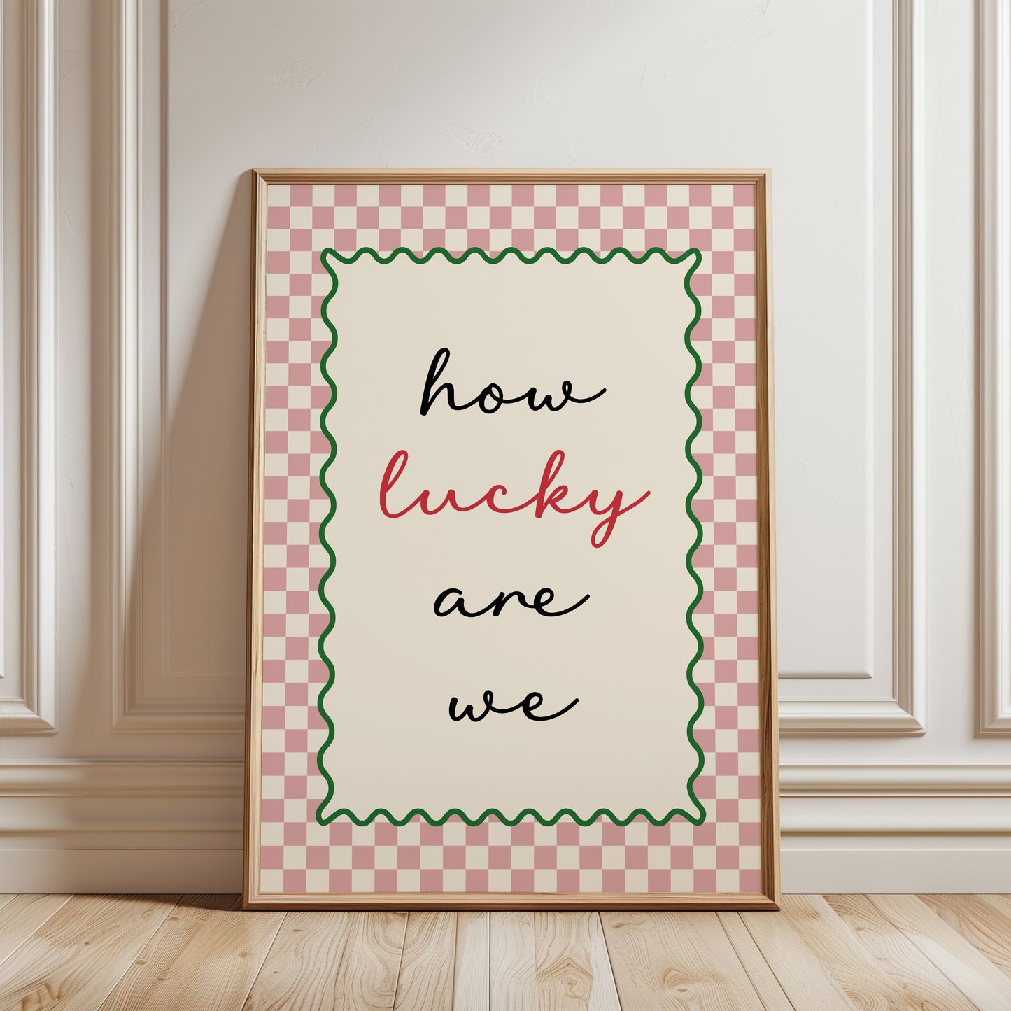 Couples wall art print with quote "HOW LUCKY ARE WE" ideal hallway decor in pink