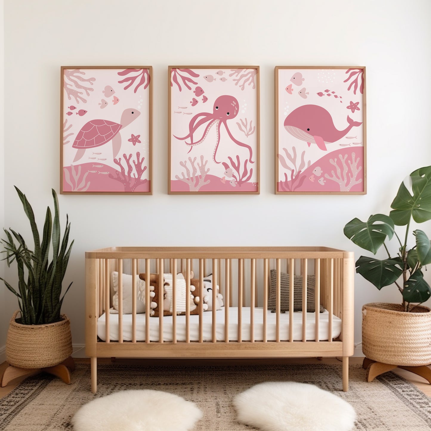 Pink girls nursery prints with sea animals in the ocean