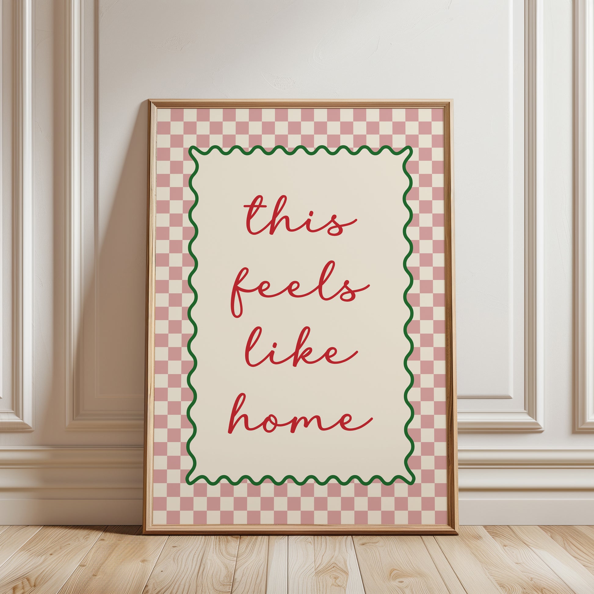 trendy hallway gallery wall art print with quote "this feels like home" in pink with a chequered border