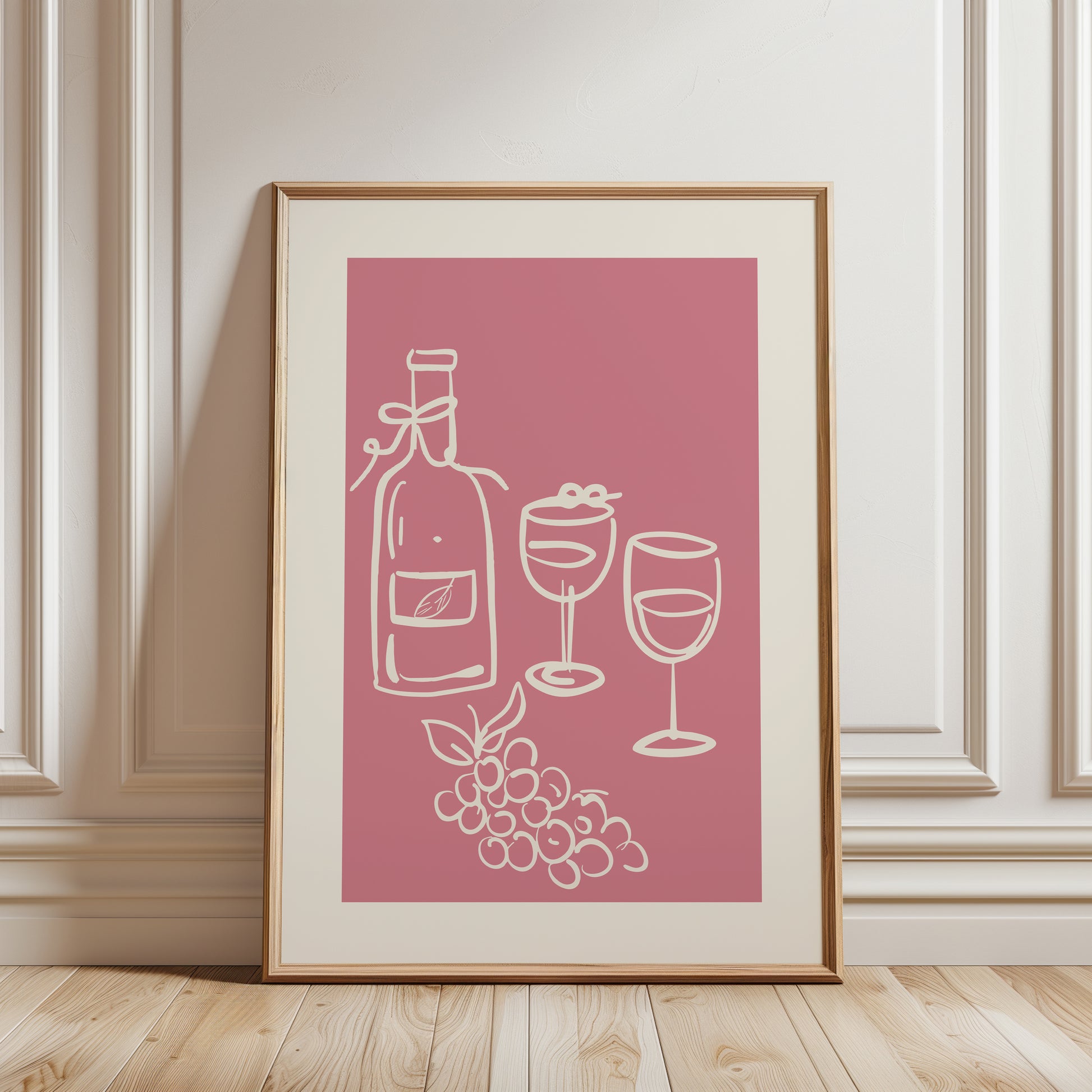 Pink kitchen print with wine illustrations