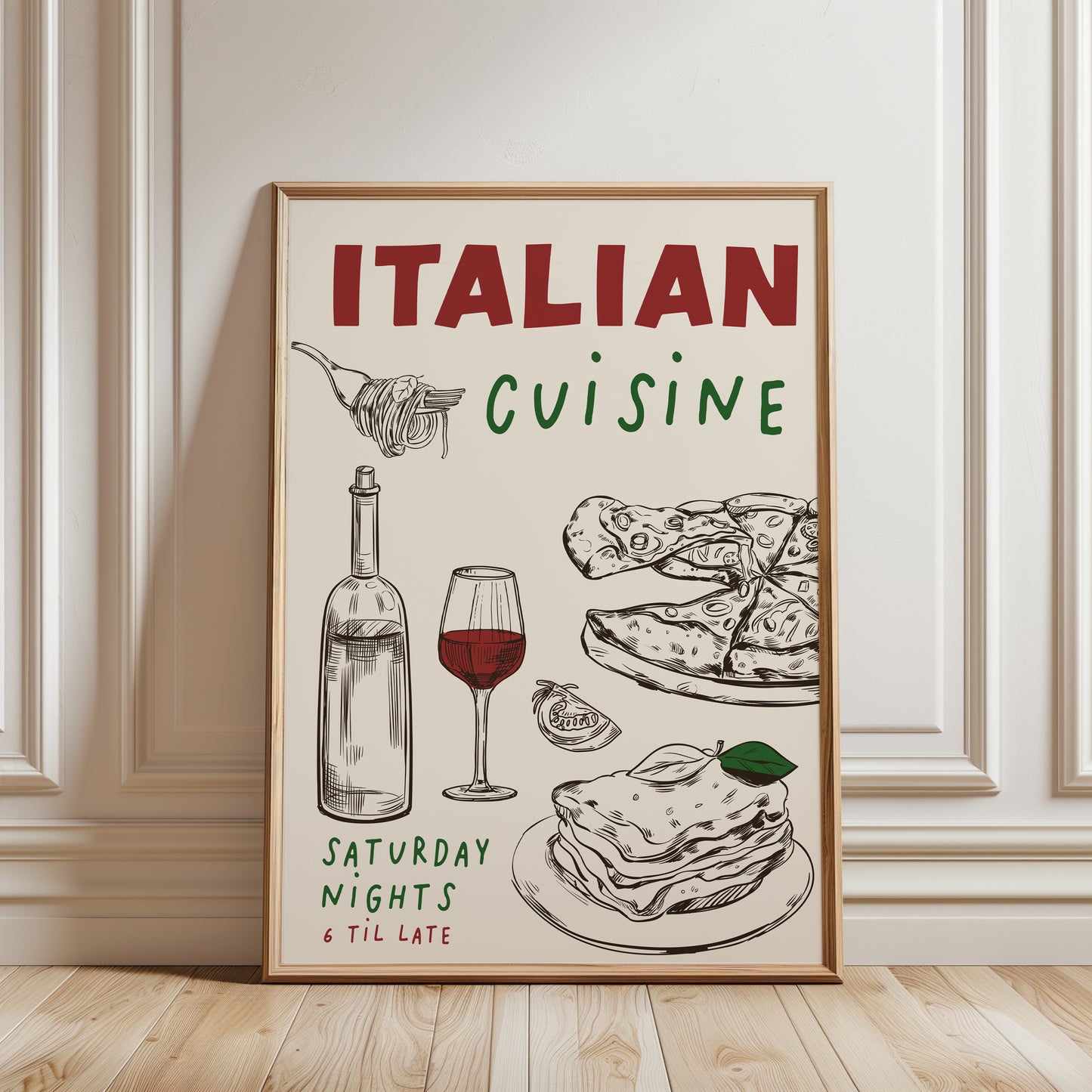 Italian Cuisine Kitchen Print with pizza and lasagne illustrations, red and green