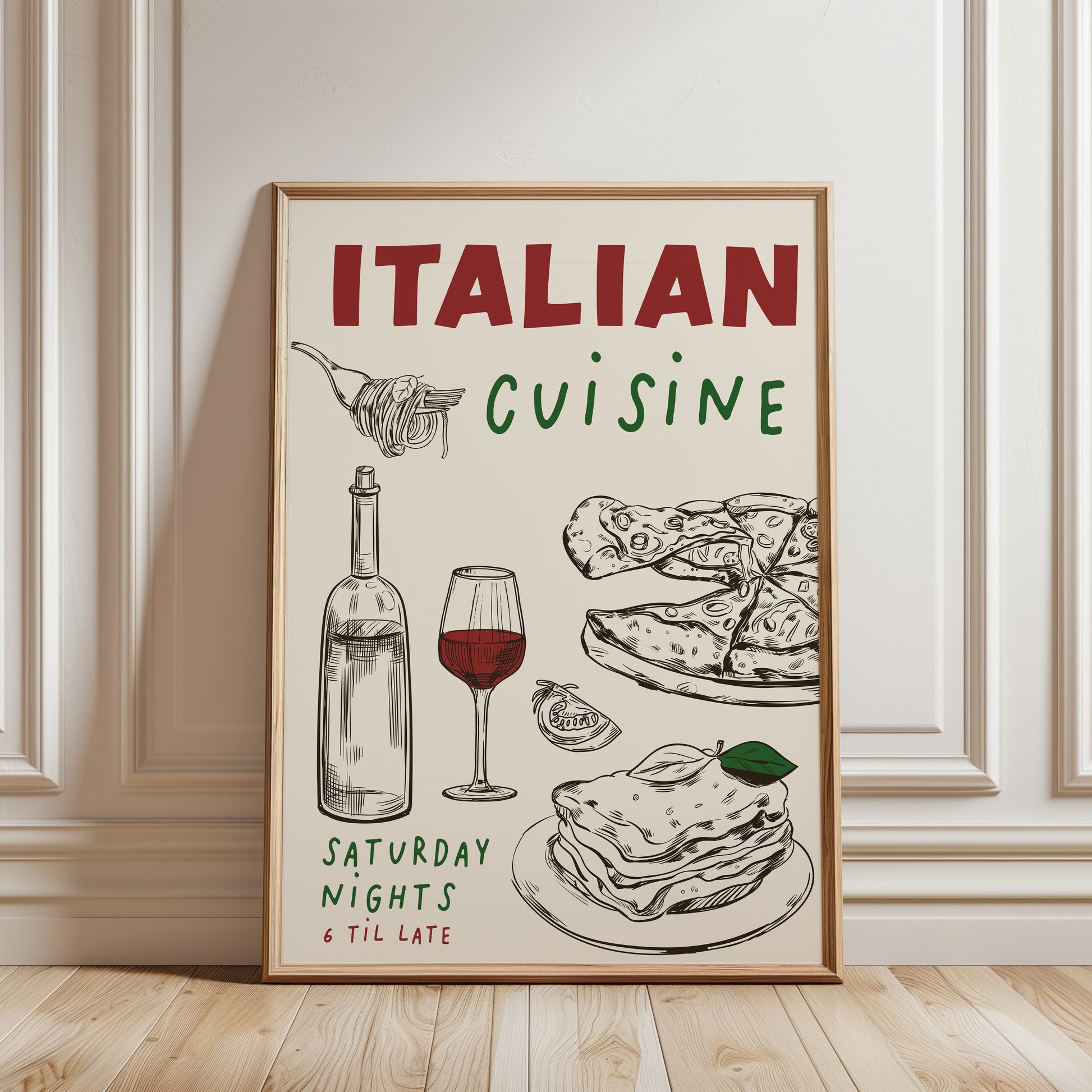 Italian Cuisine Kitchen Print with pizza and lasagne illustrations, red and green