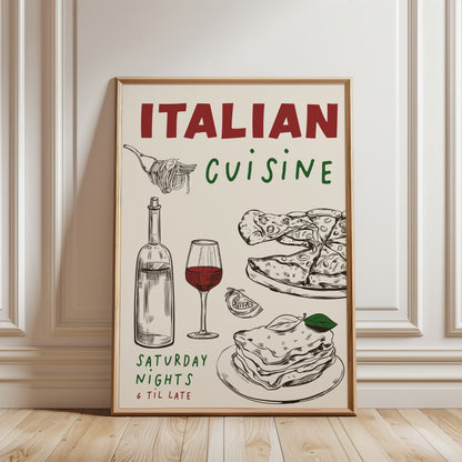 Italian Cuisine Kitchen Print with pizza and lasagne illustrations, red and green