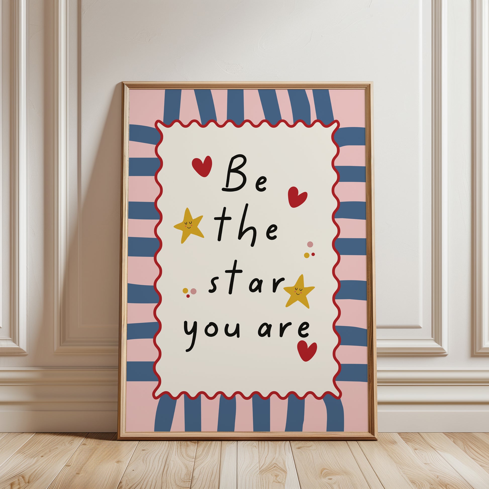 Nursery print, with inspirational quote "be the star you are", playful nursery decor in blue and pink