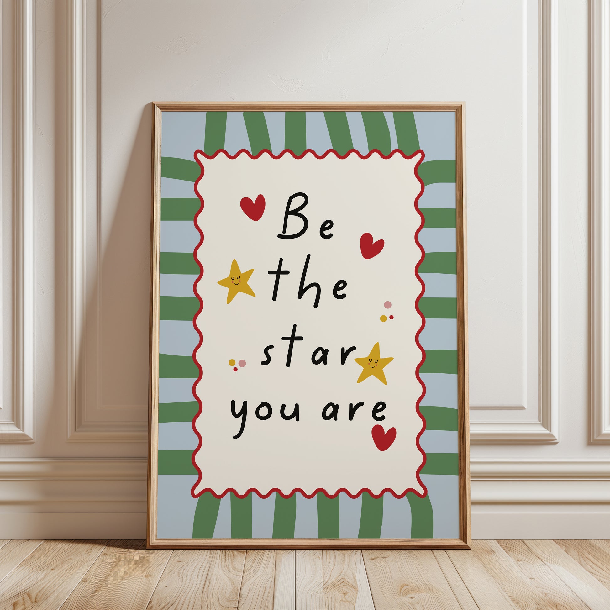 Nursery print, with inspirational quote "be the star you are", playful nursery decor in green and blue