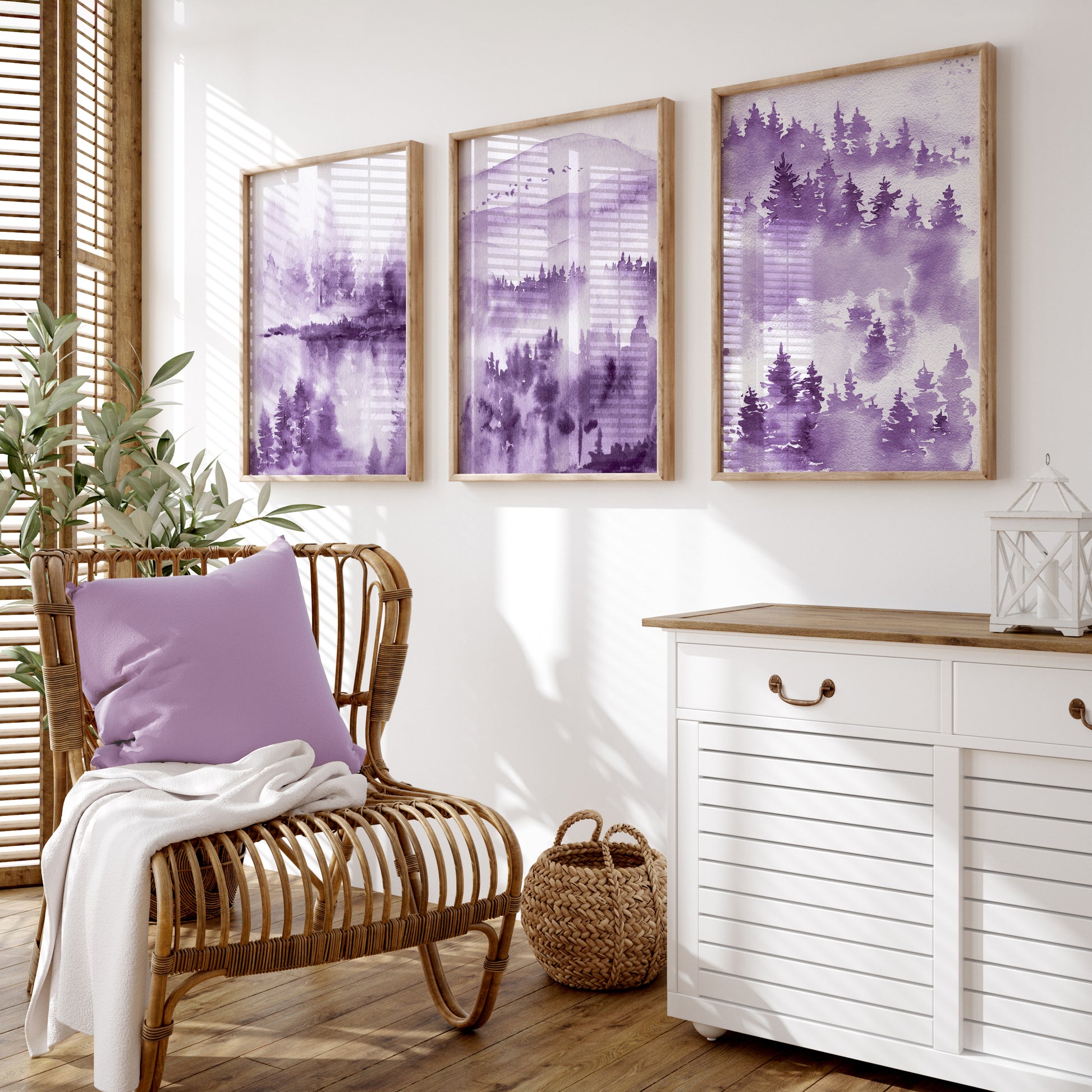 Landscape scene prints with mountains, trees and lakes in purple and lilac, set of three posters