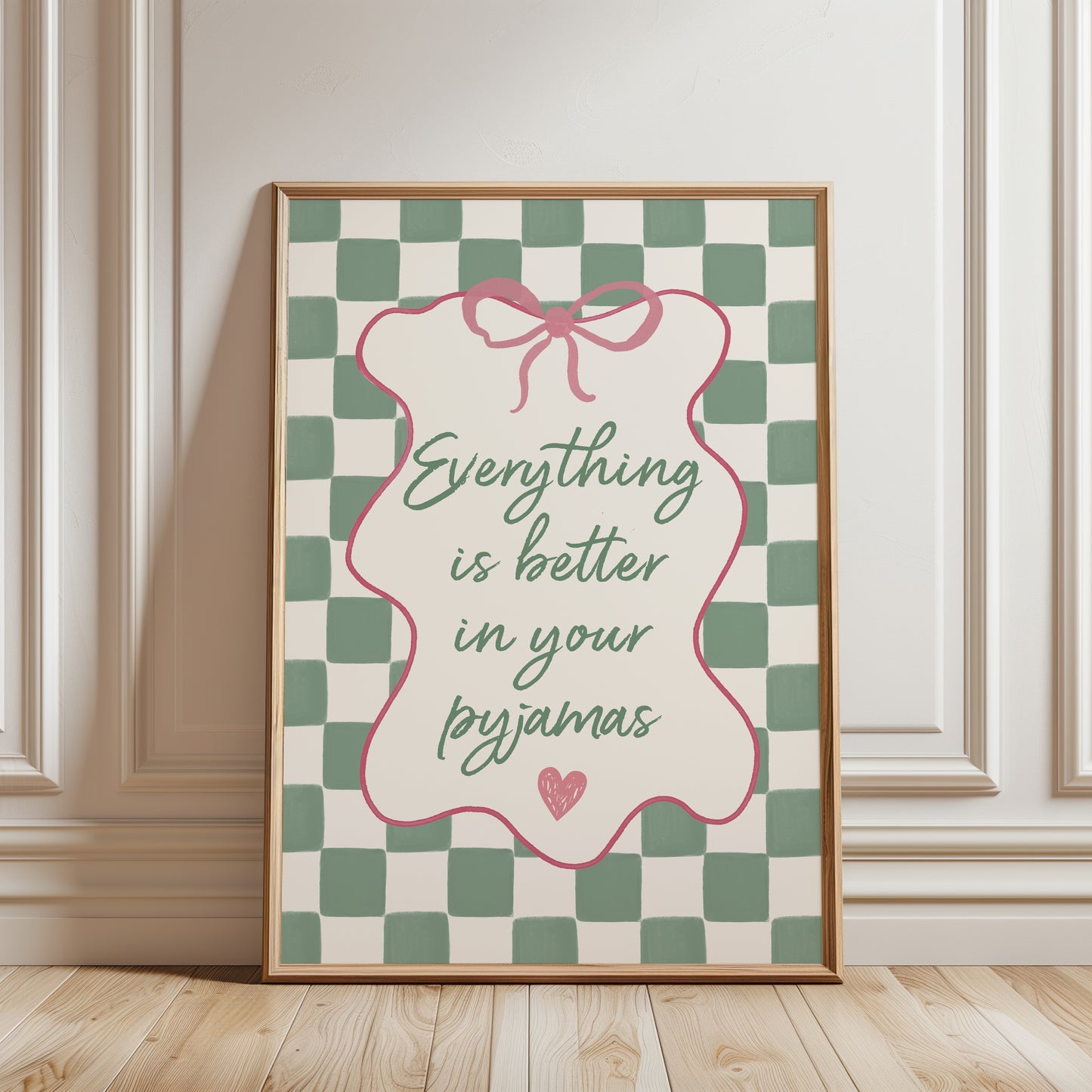 pyjama print, sage green and pink girls wall art print with quote "everything is better in your pyjamas