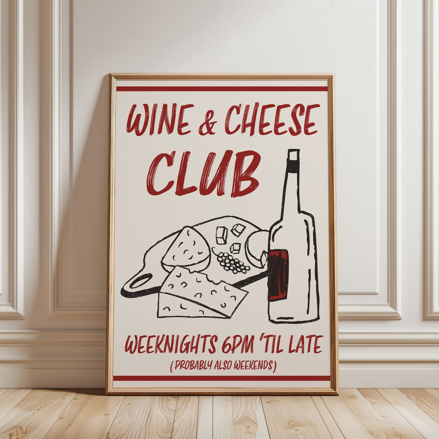 Wine & cheese club kitchen print in red
