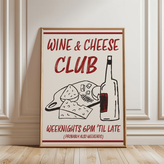 Wine & cheese club kitchen print in red