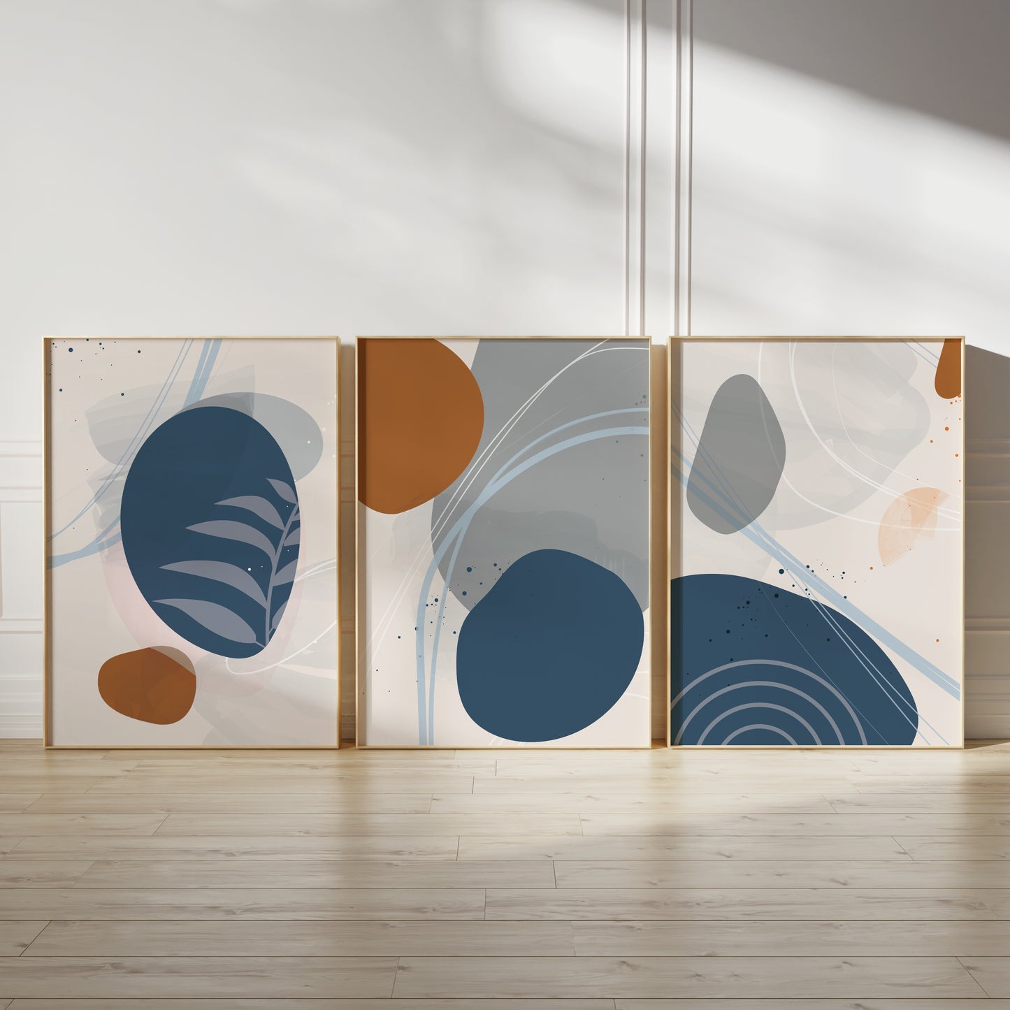 Set of 3 Rust, Orange & Blue Abstract Wall Prints