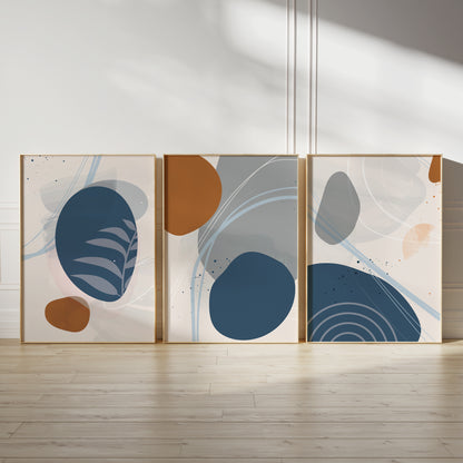 Set of 3 Rust, Orange & Blue Abstract Wall Prints