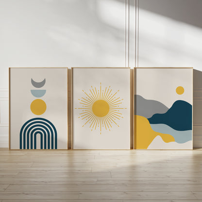 Set of 3 Blue & Mustard Boho Wall Prints