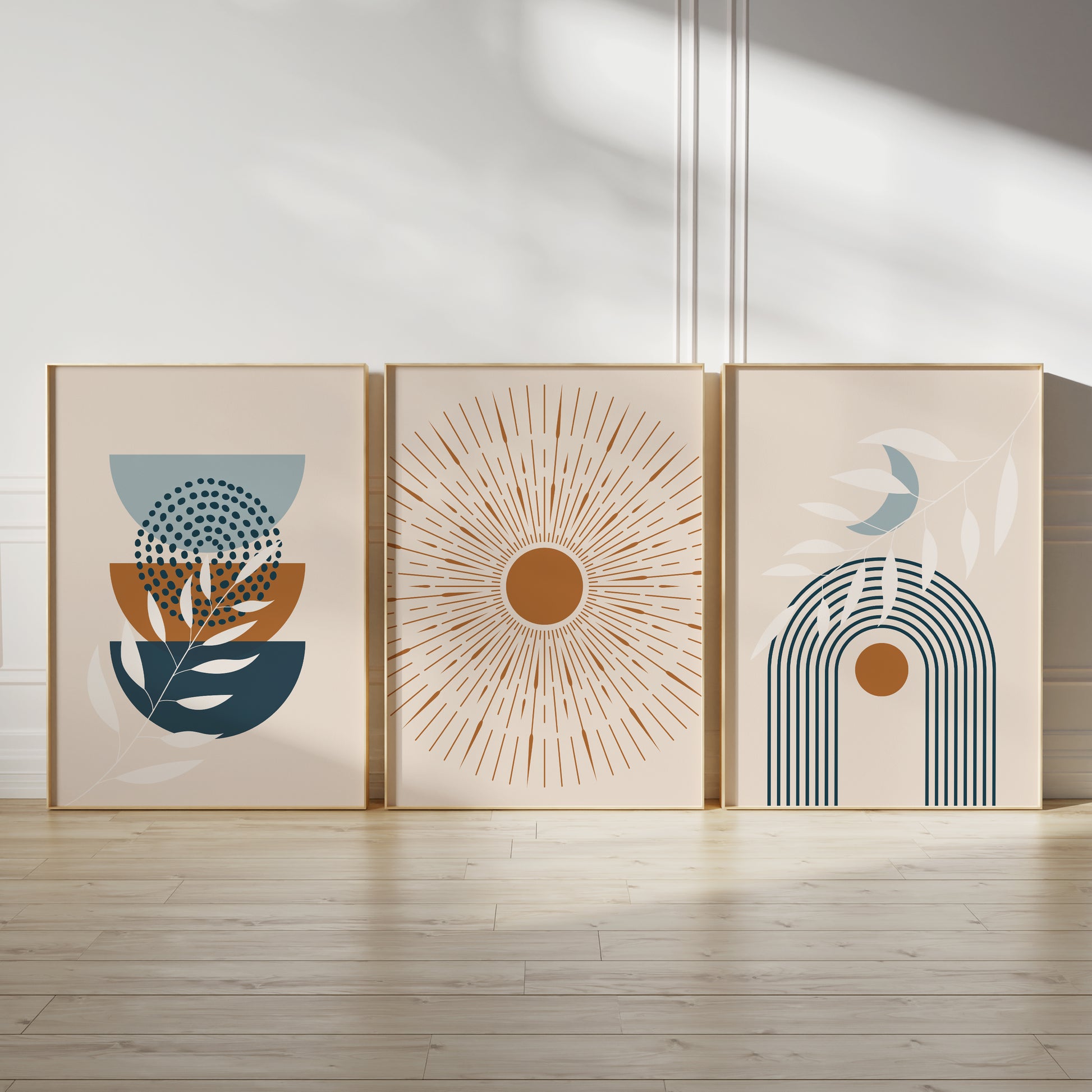 orange and blue boho wall art prints in a set of 3