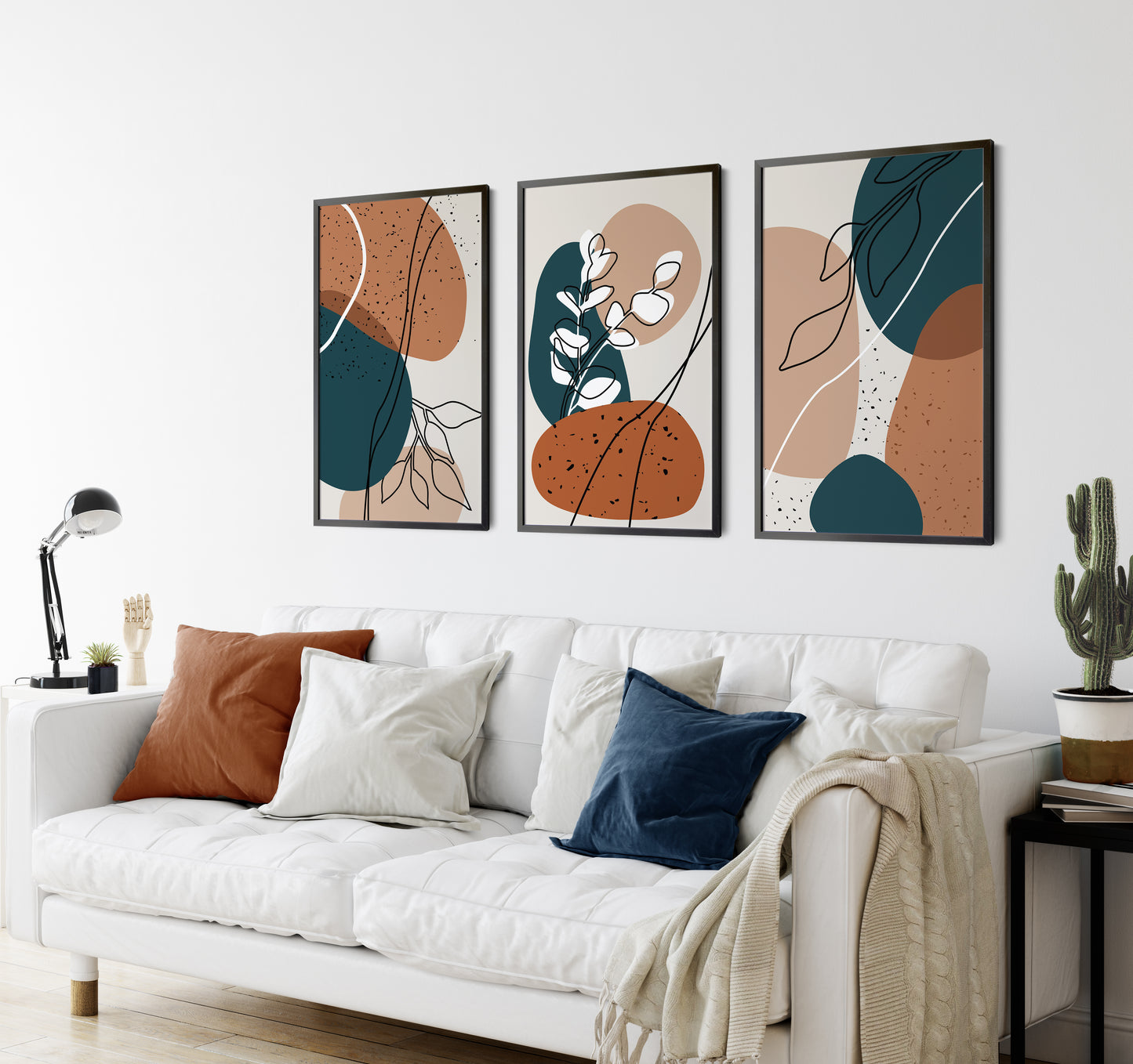 Set of 3 Burnt Orange & Blue Boho Abstract Prints