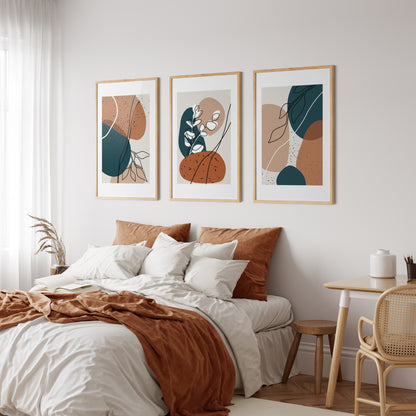 Set of 3 Burnt Orange & Blue Boho Abstract Prints