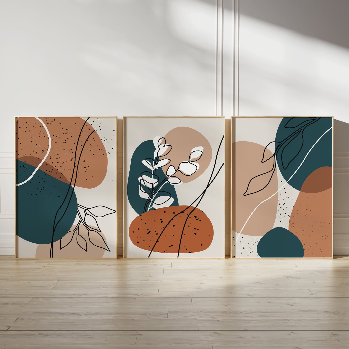 Set of 3 Burnt Orange & Blue Boho Abstract Prints