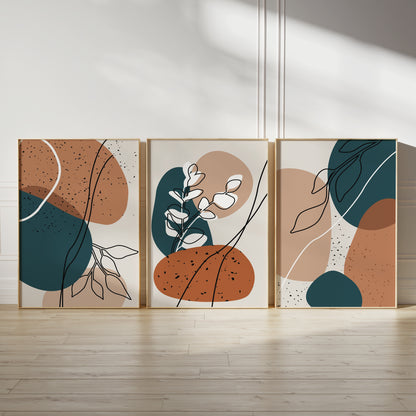 Set of 3 Burnt Orange & Blue Boho Abstract Prints
