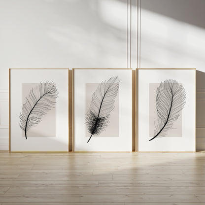 Set of 3 Neutral Feather Wall Prints