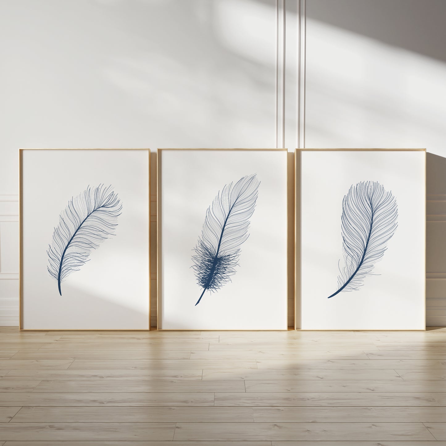 Set of 3 Blue Feather Wall Prints