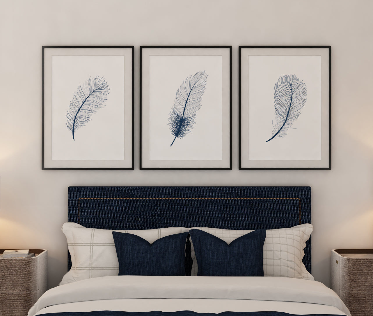 Set of 3 Blue Feather Wall Prints